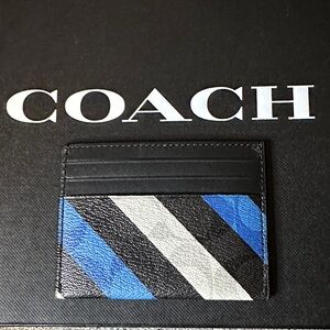 Coach Men's Black Card Holder with Blue and White Stripes